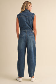 Sleeveless Button Down Tapered Leg Denim Jumpsuit Dark Wash