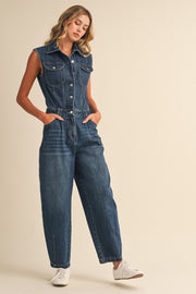 Sleeveless Button Down Tapered Leg Denim Jumpsuit Dark Wash