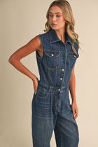 Sleeveless Button Down Tapered Leg Denim Jumpsuit Dark Wash