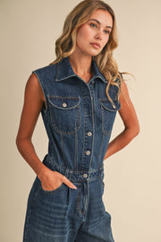 Sleeveless Button Down Tapered Leg Denim Jumpsuit Dark Wash