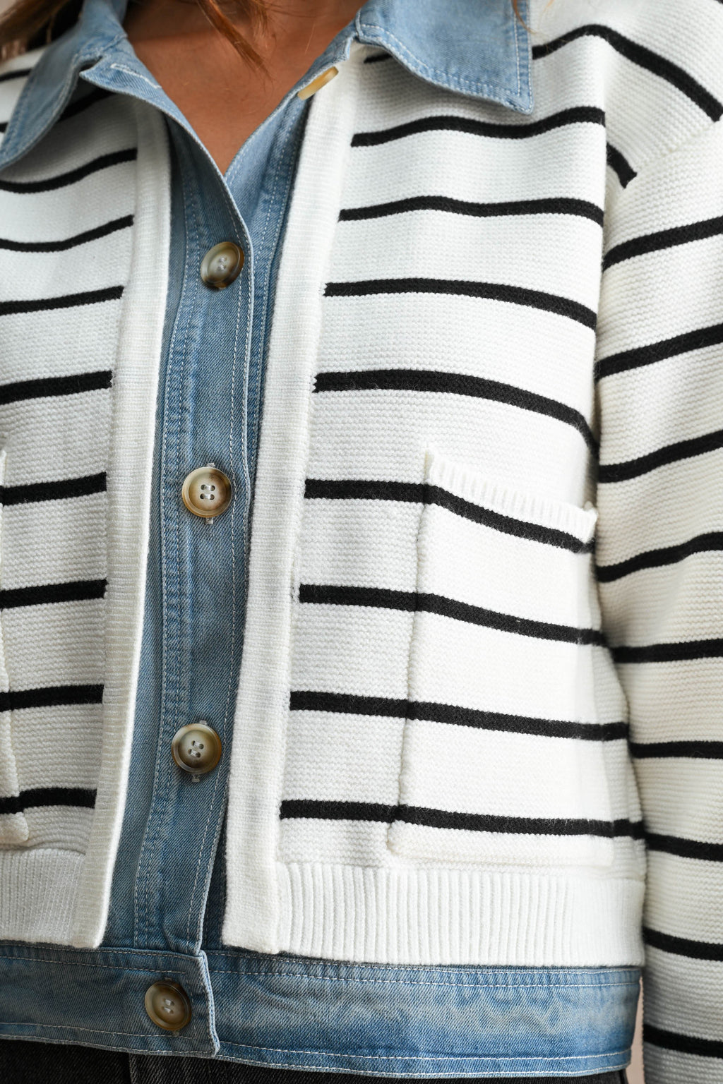 Long Sleeve Button Down Contrast Denim Stripe Print Knit Cardigan Cream