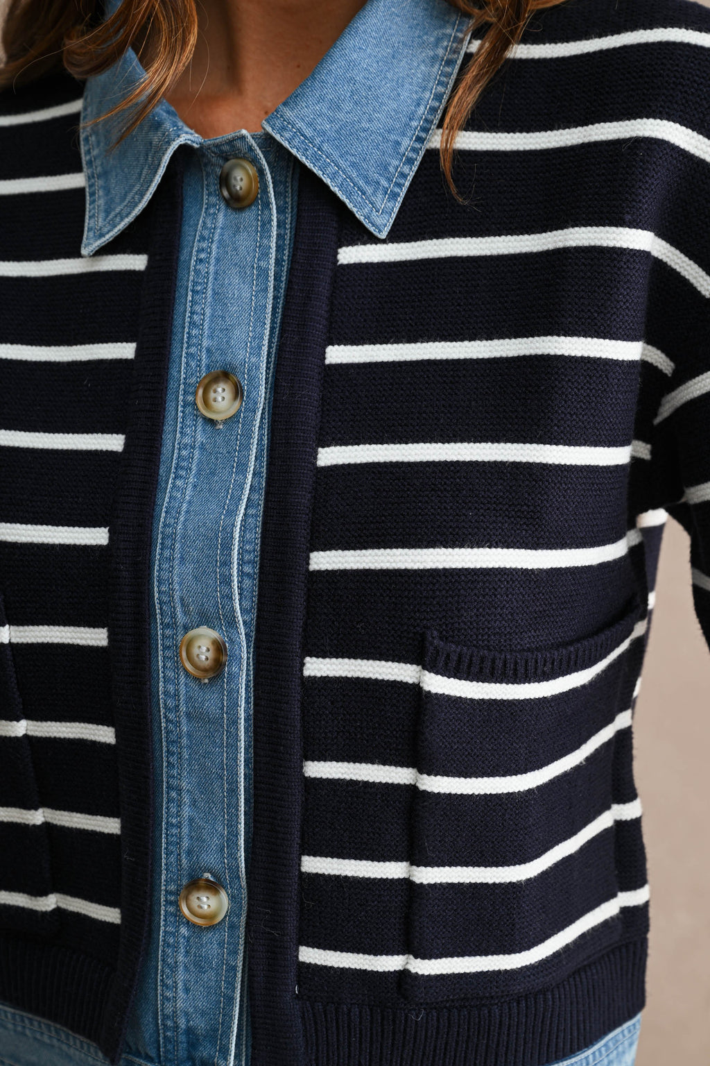 Long Sleeve Button Down Contrast Denim Stripe Print Knit Cardigan Navy
