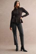 Long Sleeve Zip Up Peplum Knit Cardigan Brown