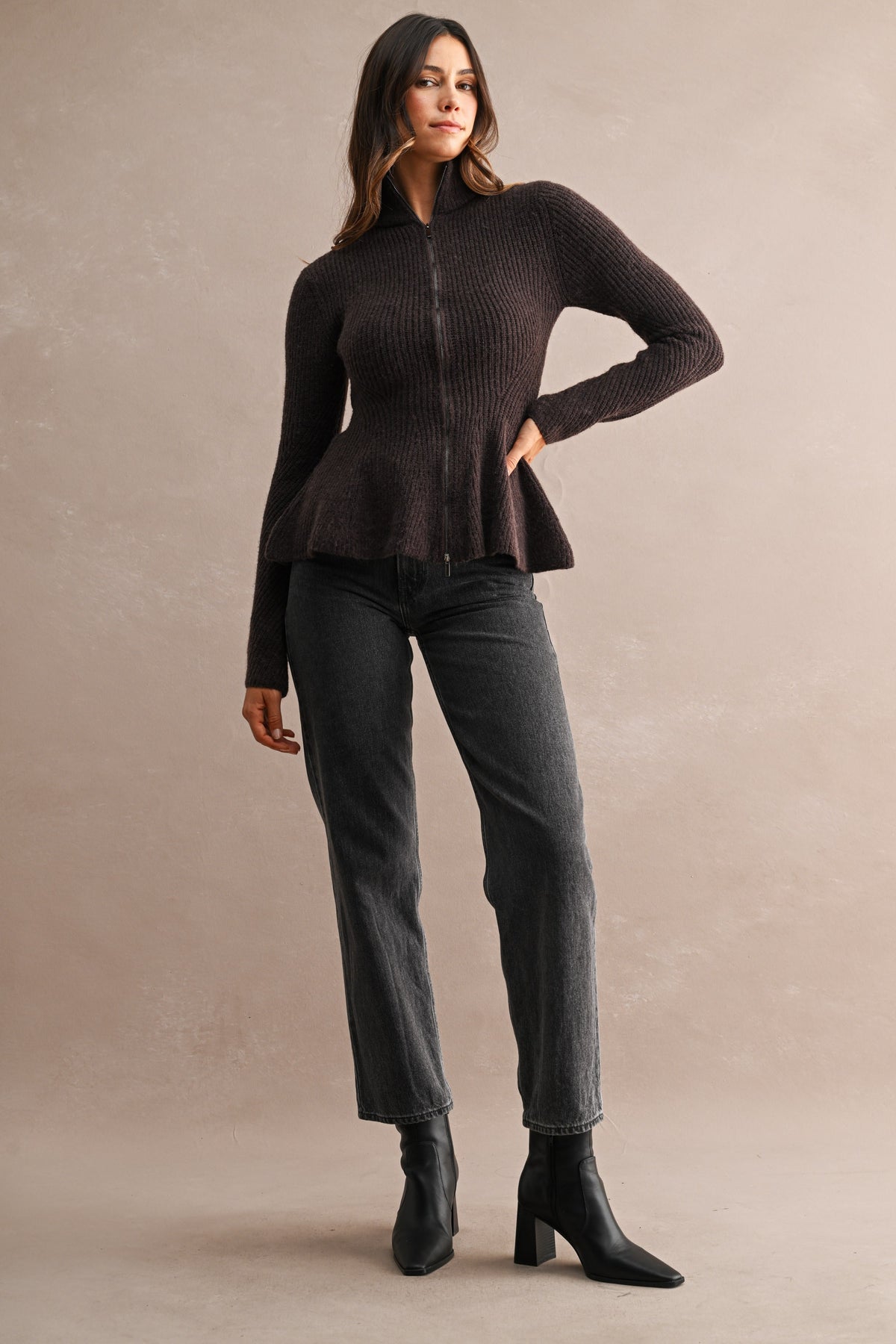 Long Sleeve Zip Up Peplum Knit Cardigan Brown
