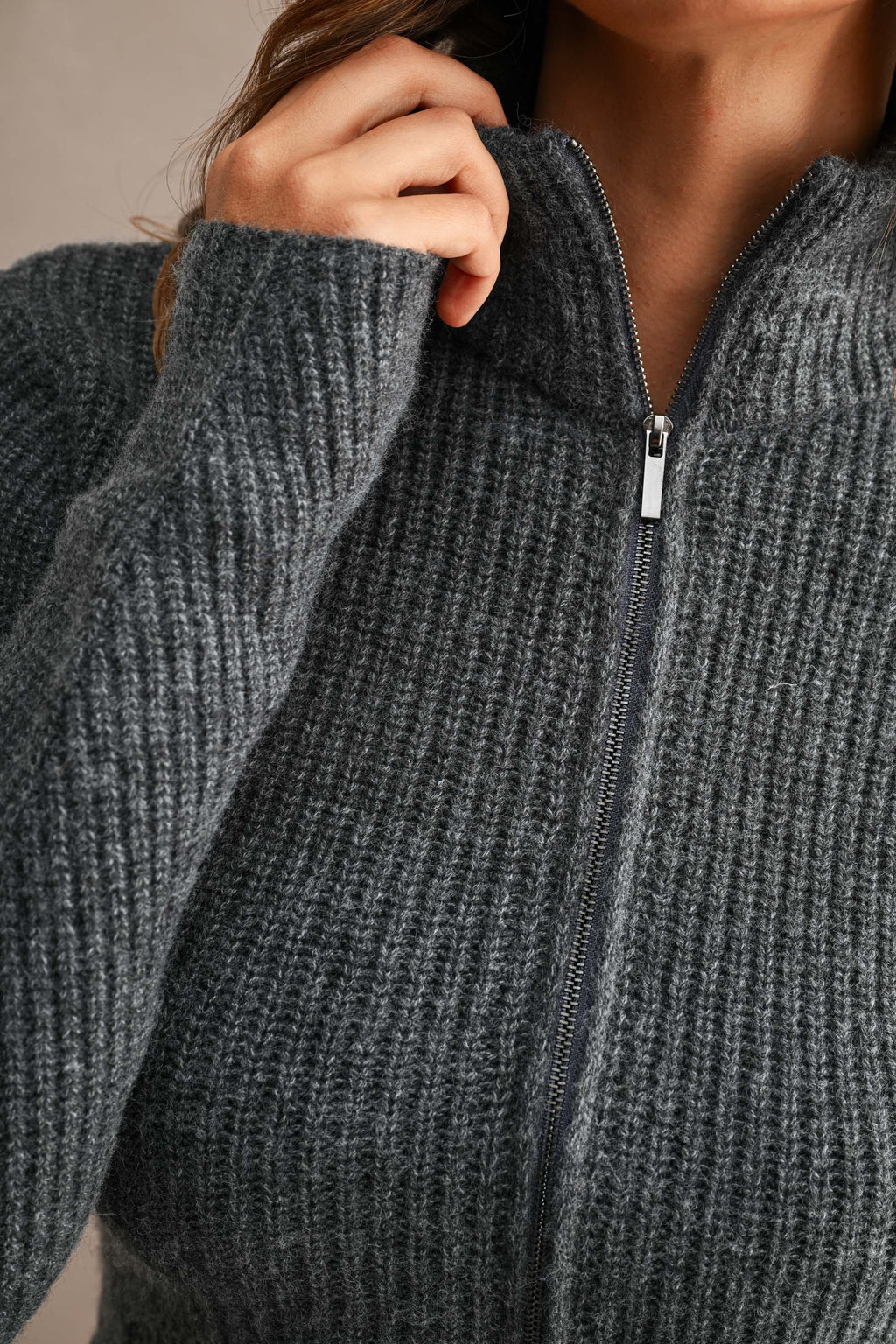 Long Sleeve Zip Up Peplum Knit Cardigan Charcoal