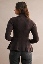 Long Sleeve Zip Up Peplum Knit Cardigan Brown