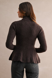 Long Sleeve Zip Up Peplum Knit Cardigan Brown