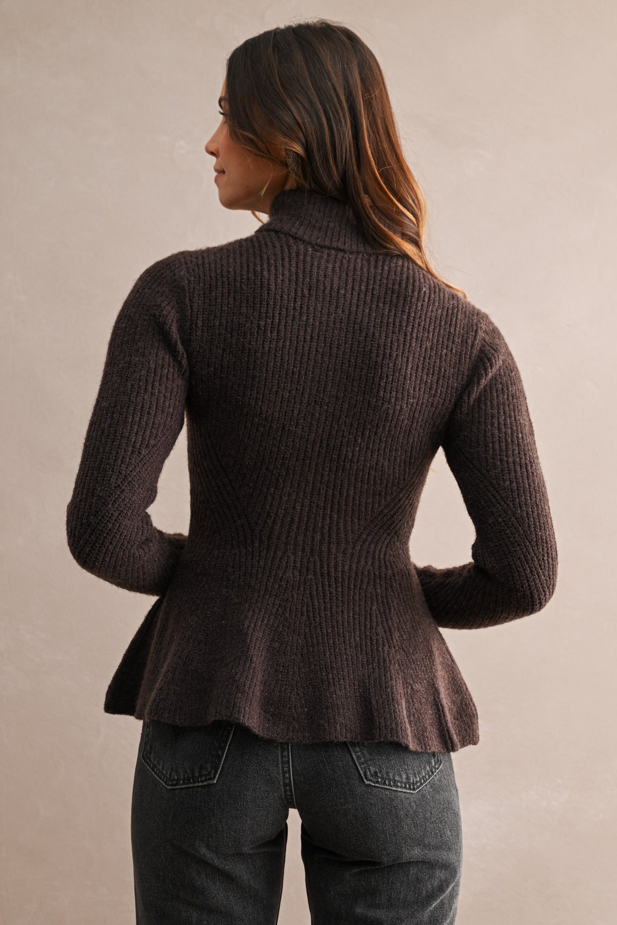 Long Sleeve Zip Up Peplum Knit Cardigan Brown