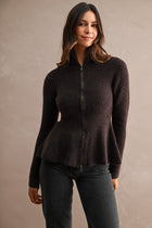 Long Sleeve Zip Up Peplum Knit Cardigan Brown