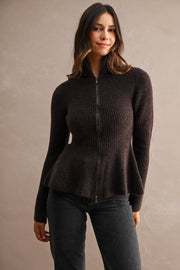 Long Sleeve Zip Up Peplum Knit Cardigan Brown