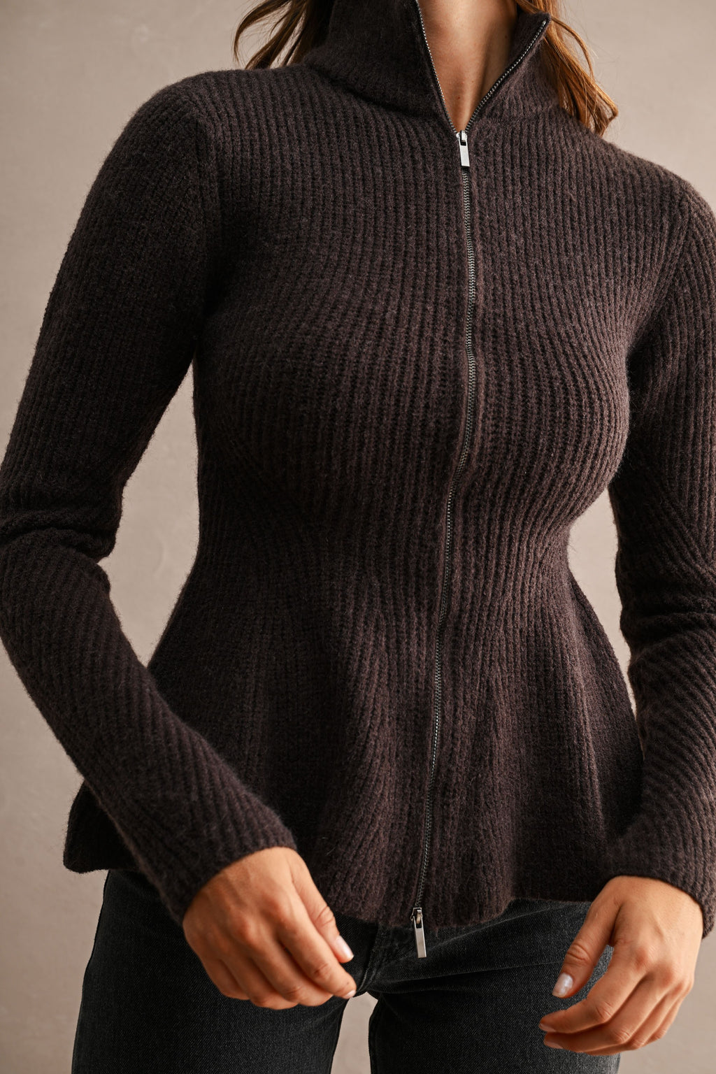 Long Sleeve Zip Up Peplum Knit Cardigan Brown