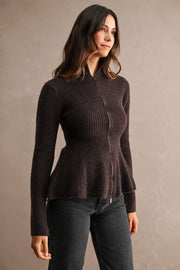 Long Sleeve Zip Up Peplum Knit Cardigan Brown