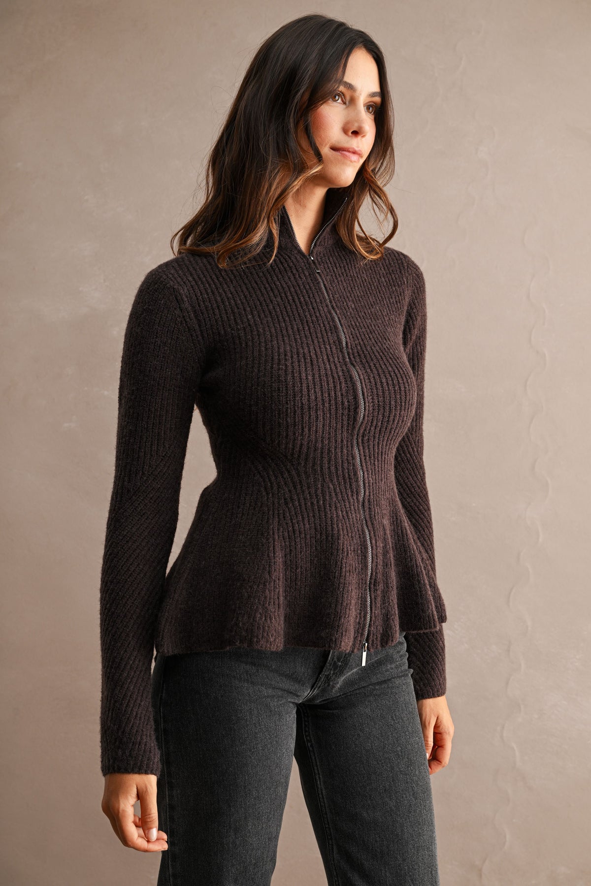 Long Sleeve Zip Up Peplum Knit Cardigan Brown