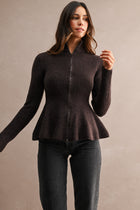 Long Sleeve Zip Up Peplum Knit Cardigan Brown