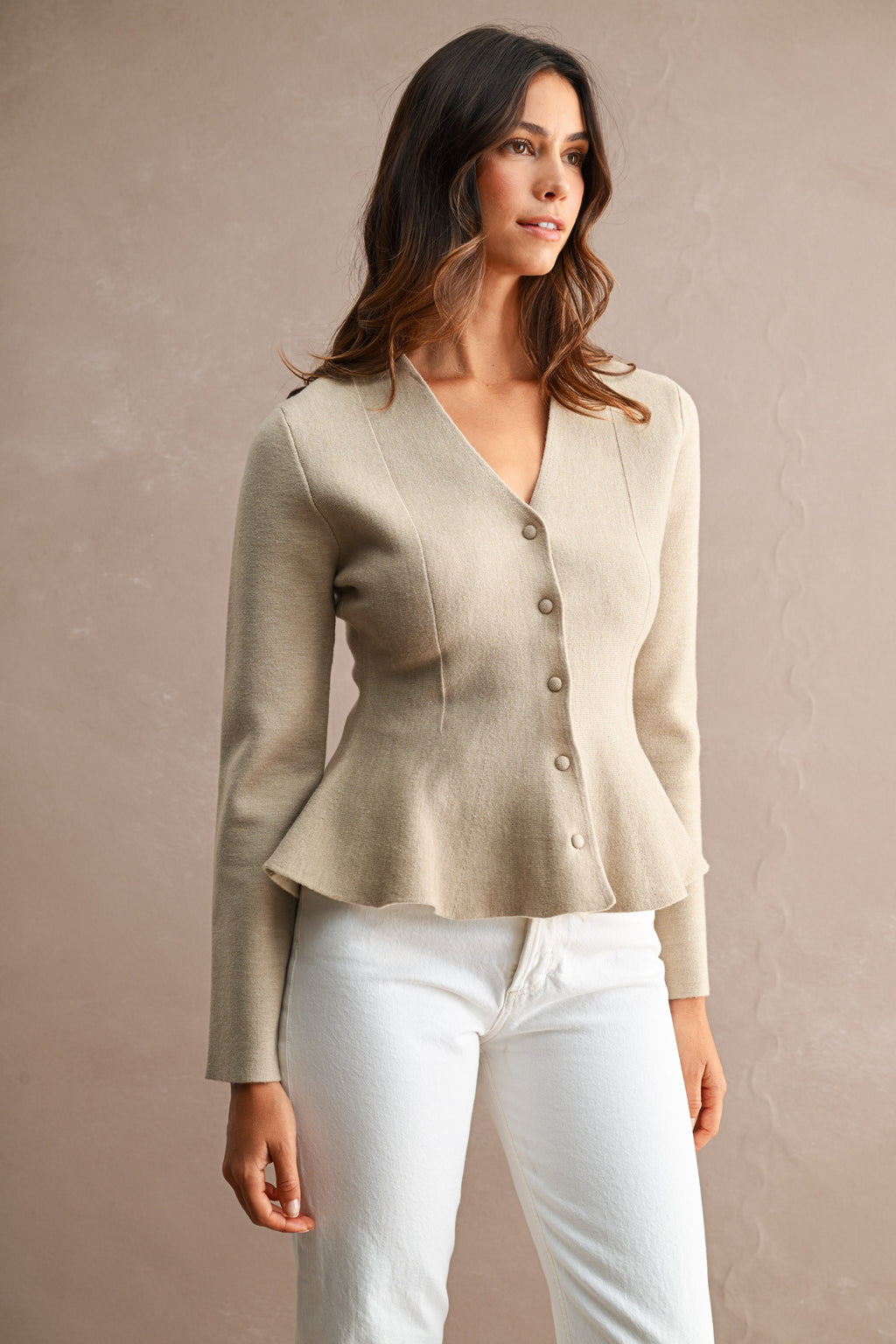 Long Sleeve Button Down Knit Peplum Top Mocha
