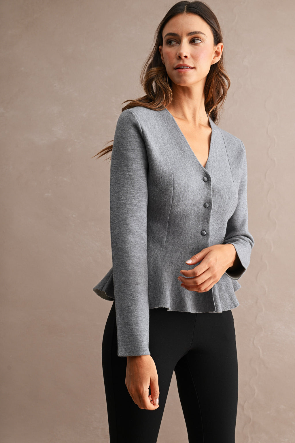 Long Sleeve Button Down Knit Peplum Top Grey