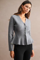 Long Sleeve Button Down Knit Peplum Top Grey