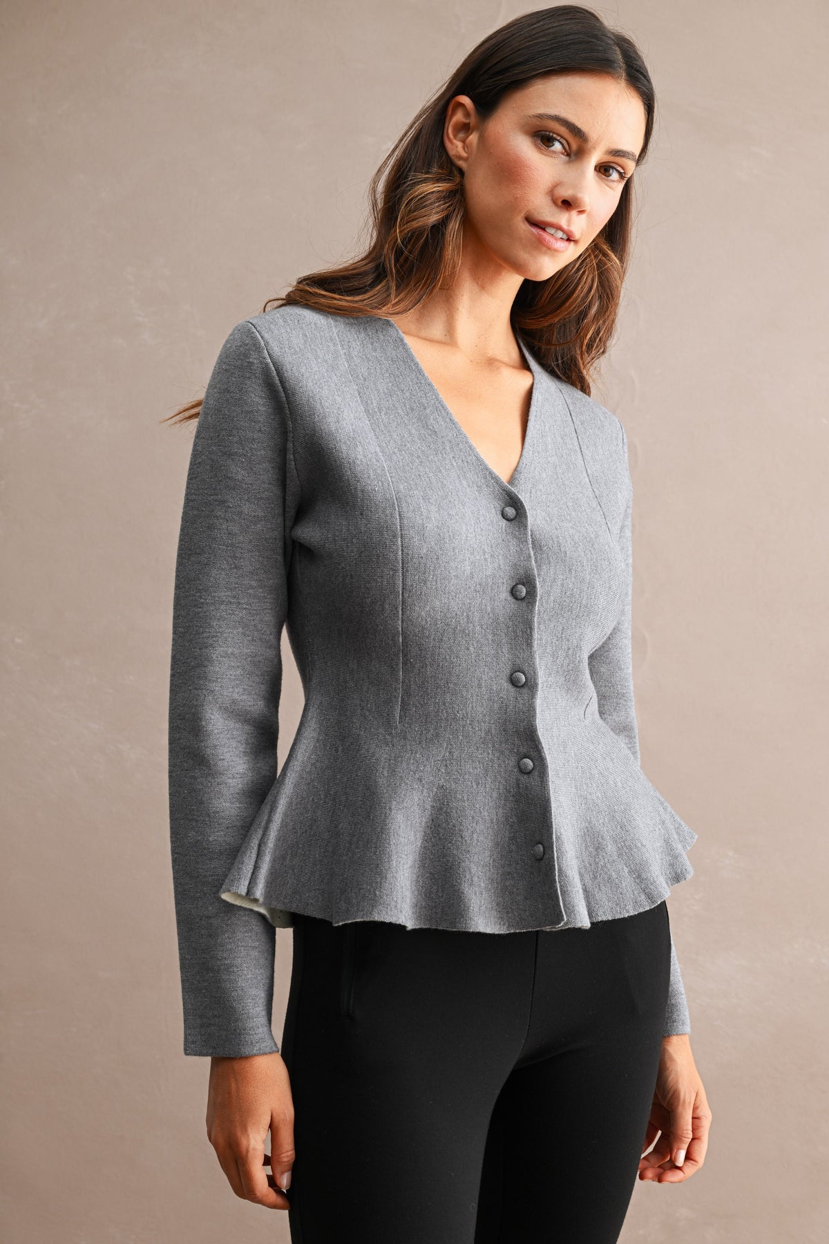 Long Sleeve Button Down Knit Peplum Top Grey