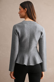 Long Sleeve Button Down Knit Peplum Top Grey