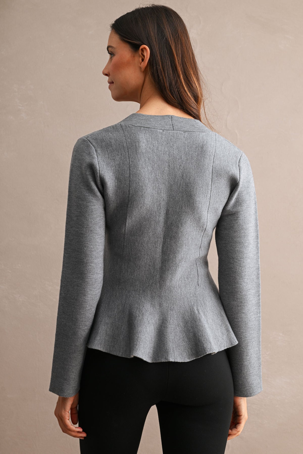 Long Sleeve Button Down Knit Peplum Top Grey