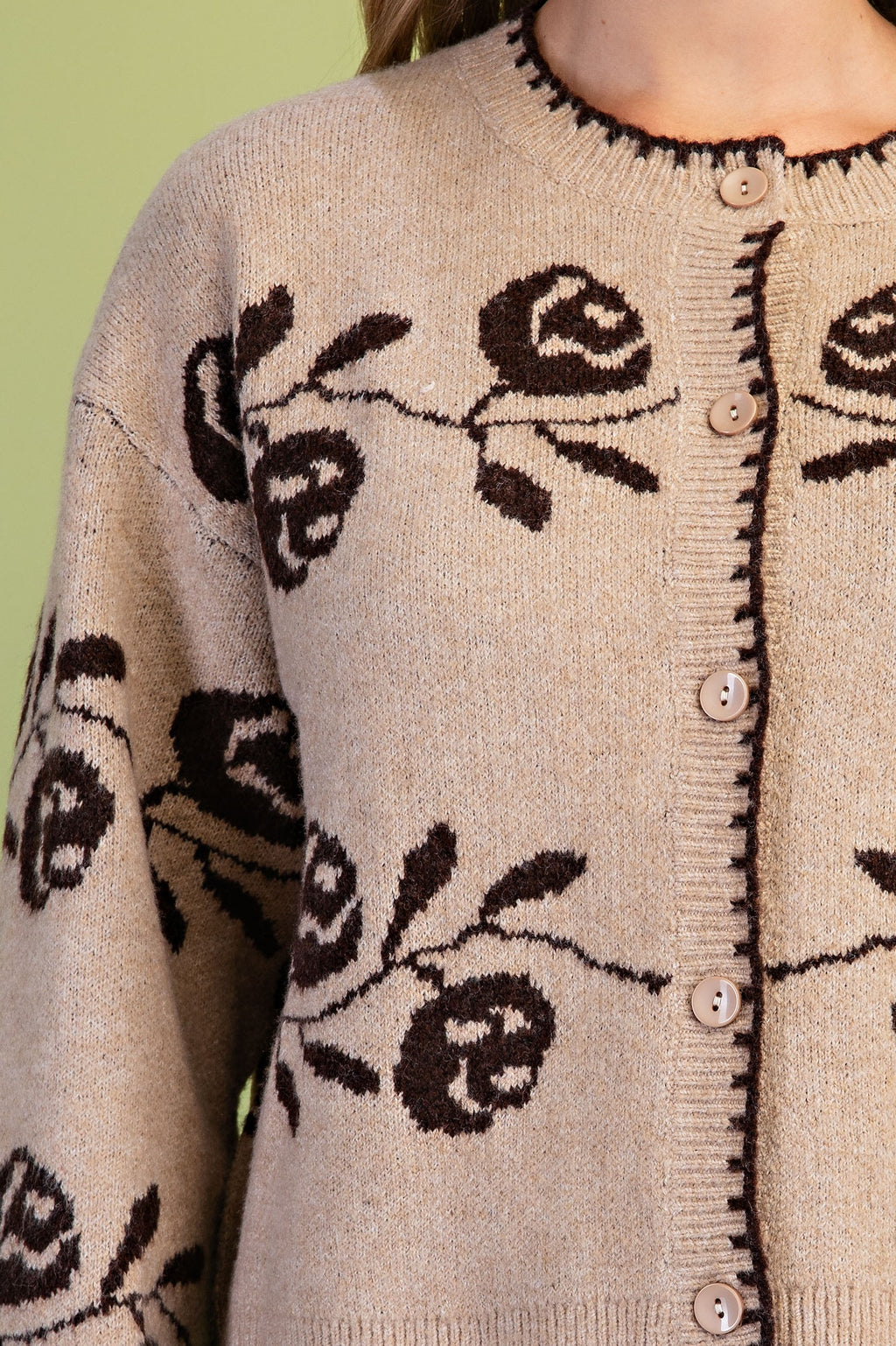 Long Sleeve Button Down Rose Print Knit Cardigan Mocha