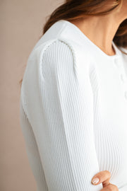 Long Sleeve Button Down Ribbed Knit Cardigan White