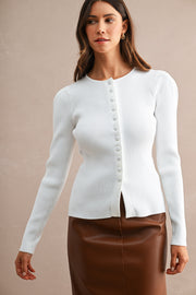 Long Sleeve Button Down Ribbed Knit Cardigan White