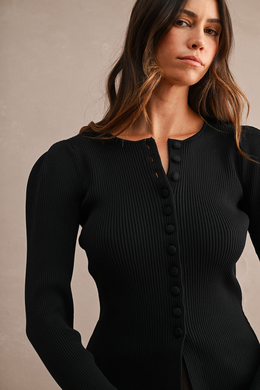 Long Sleeve Button Down Ribbed Knit Cardigan Black