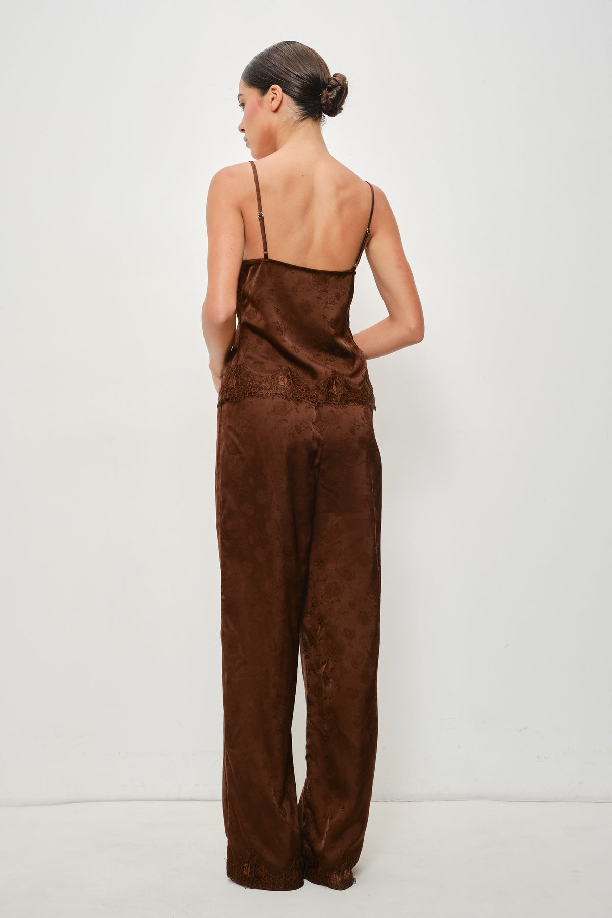 Sleeveless Lace Trim Satin Cami Top Brown