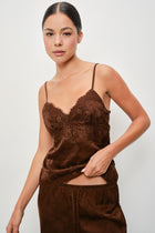 Sleeveless Lace Trim Satin Cami Top Brown