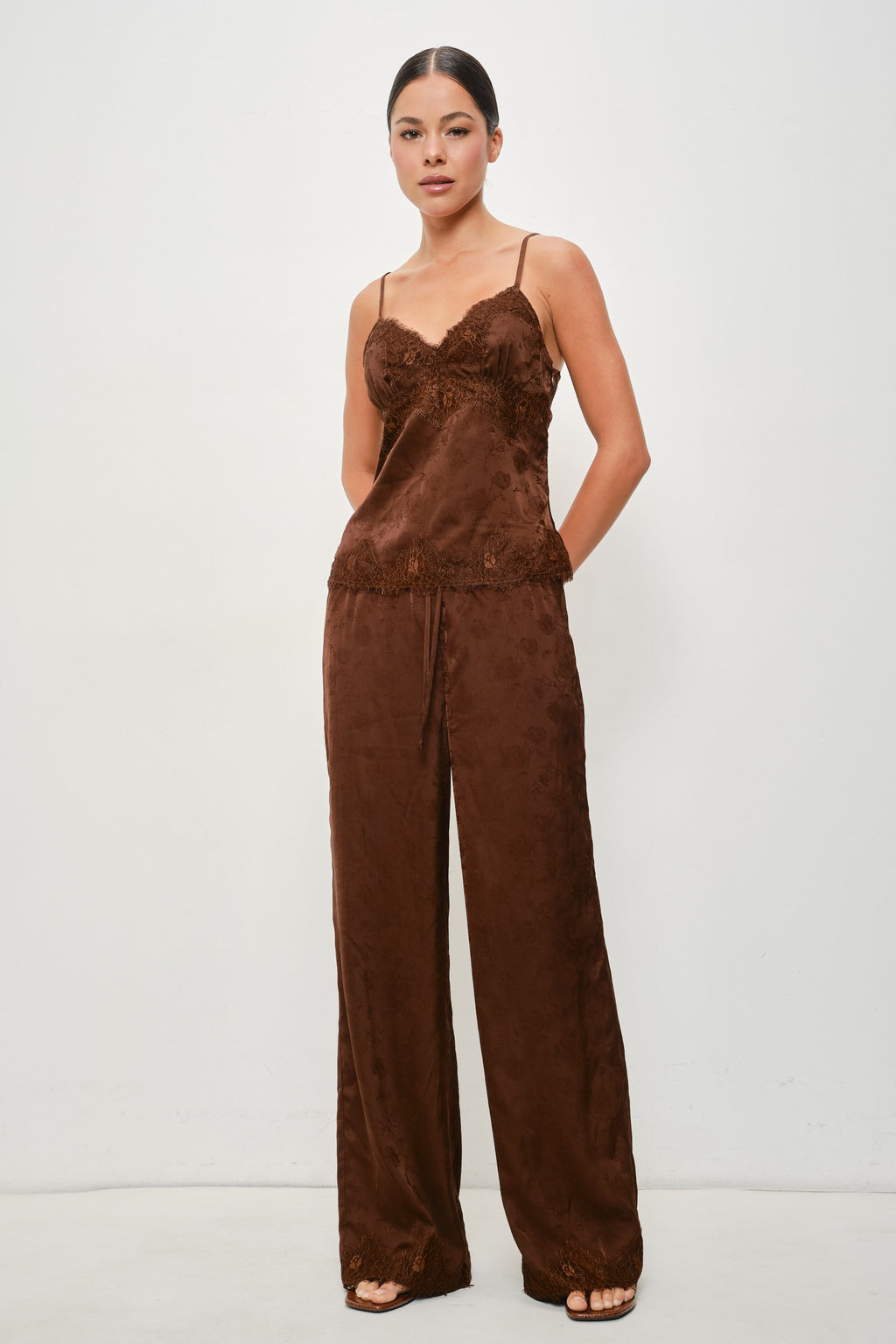 Sleeveless Lace Trim Satin Cami Top Brown
