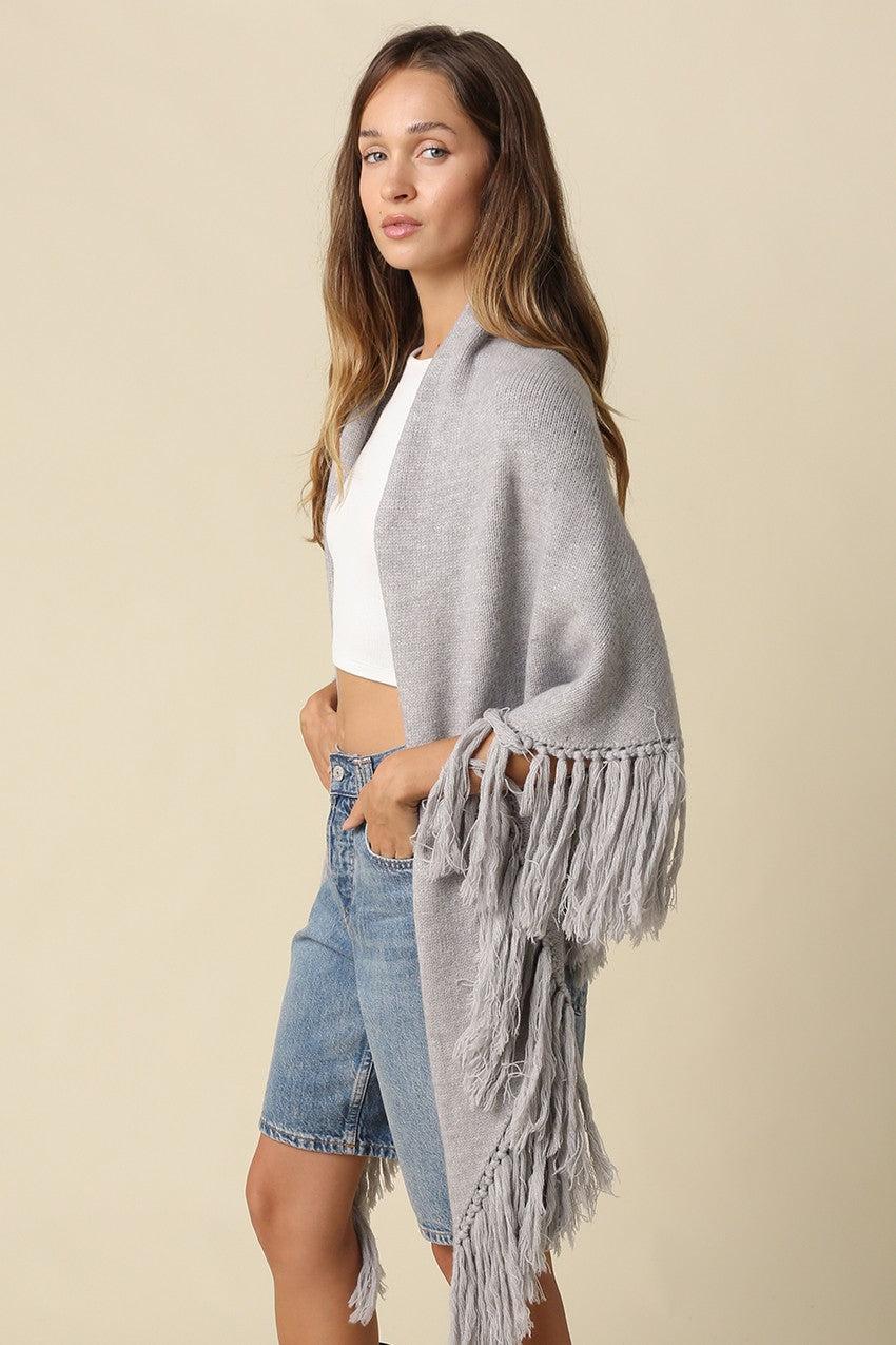  Long Sleeve Open Front Fringe Knit One Size Cardigan Grey