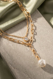 Layered Paper Clip Chain Crystal And Faux Pearl Pendant Y Necklace Gold
