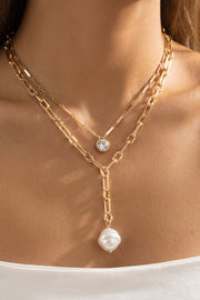 Layered Paper Clip Chain Crystal And Faux Pearl Pendant Y Necklace Gold