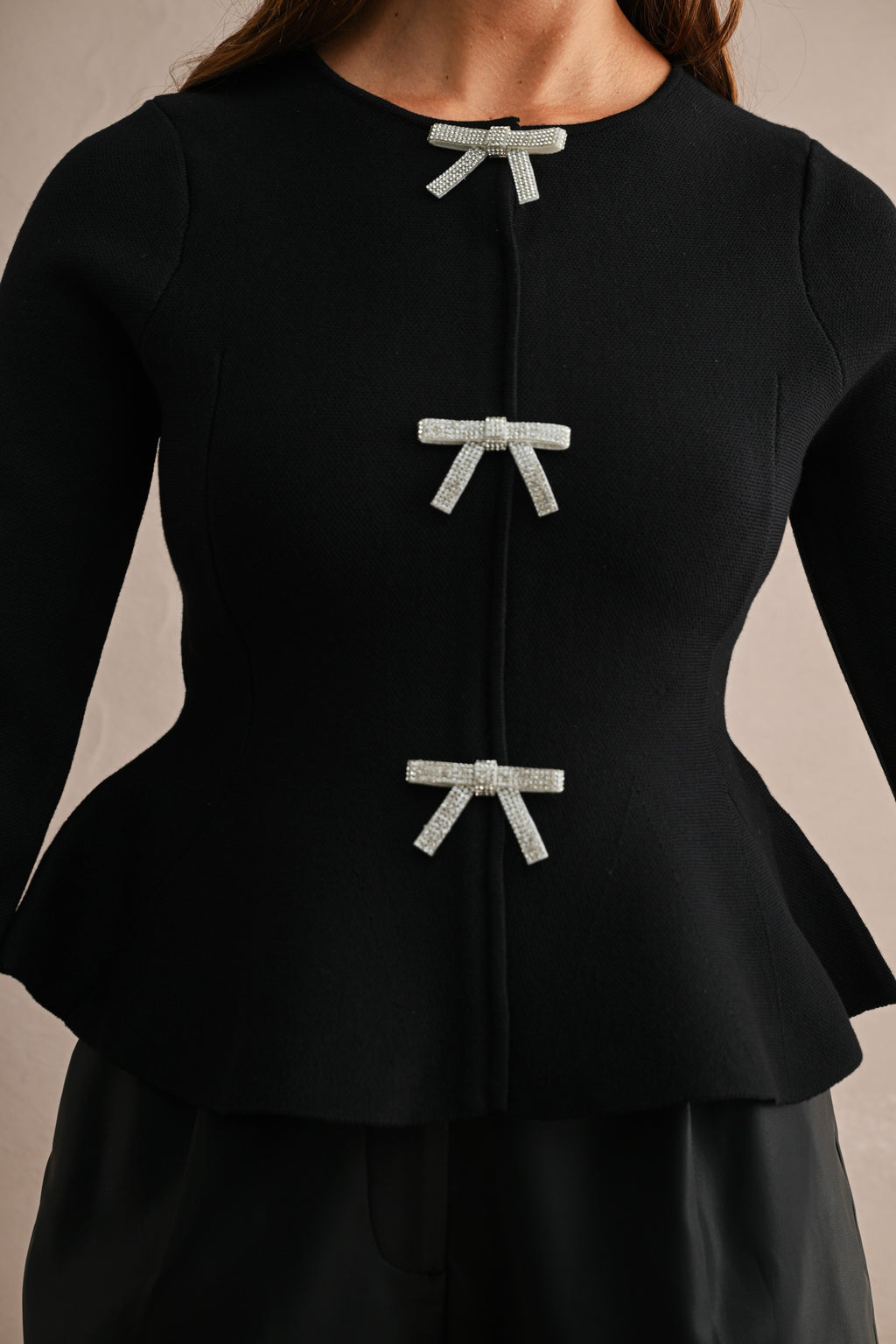 Long Sleeve Jewel Bow Button Down Knit Peplum Top Black