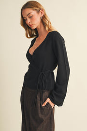 Long Sleeve Wrap Knit Top Black