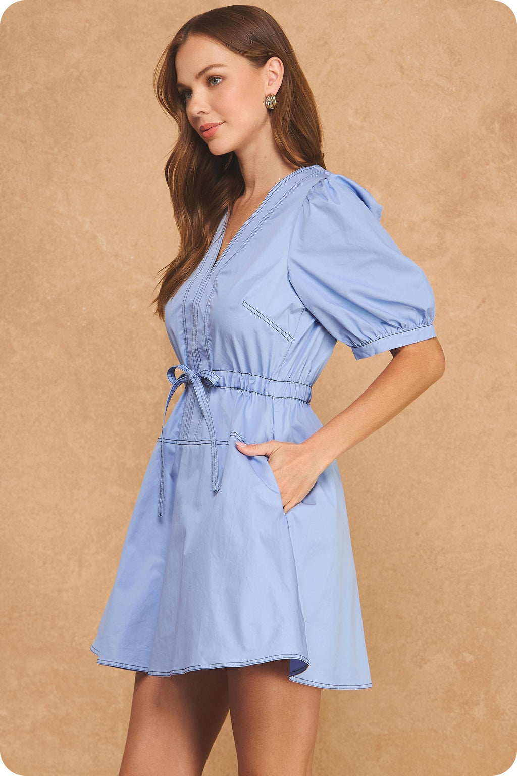 Short Puff Sleeve Contrast Stitch Mini Dress Cream Blue