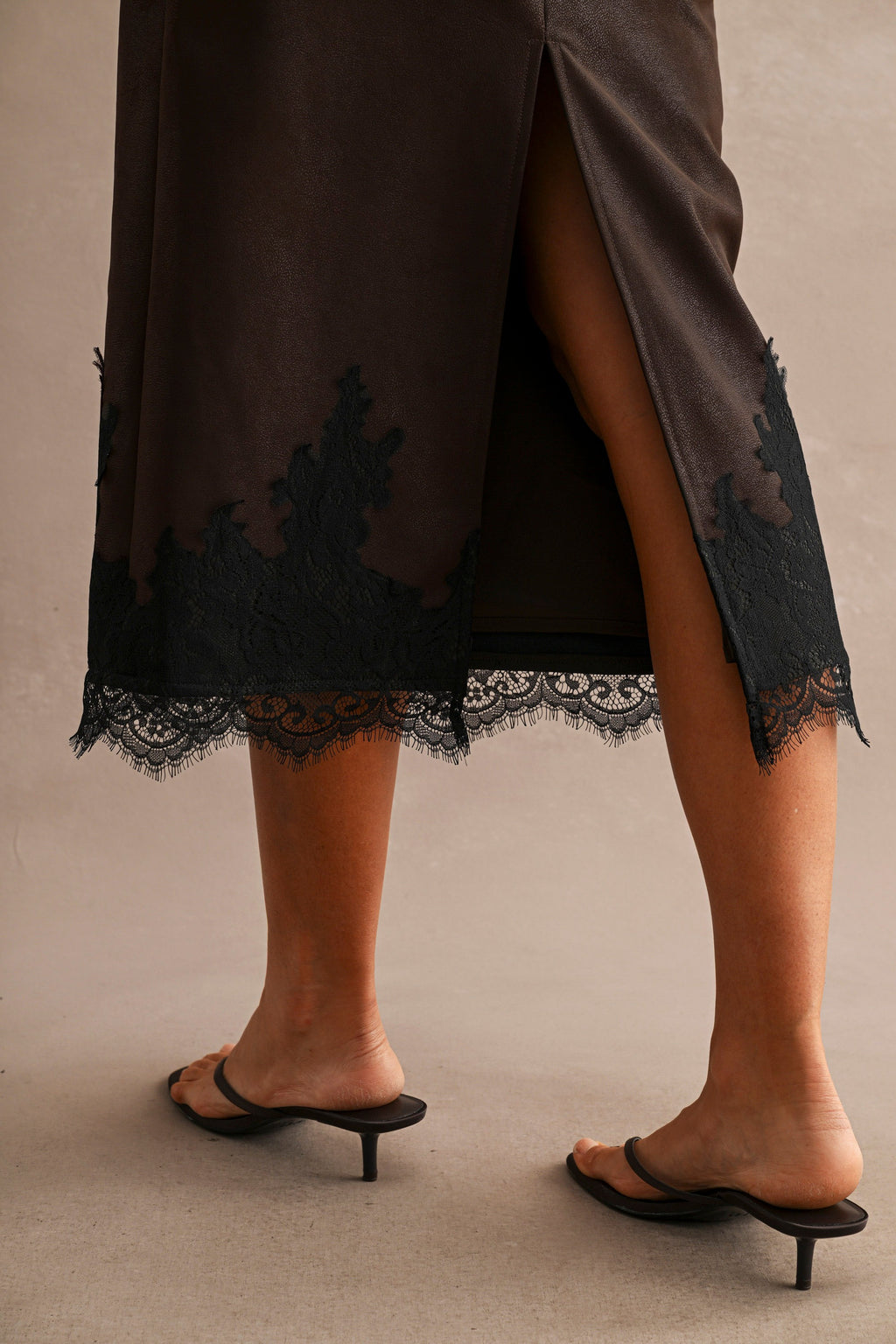 High Waist Faux Leather Elegant Lace Midi Skirt Brown