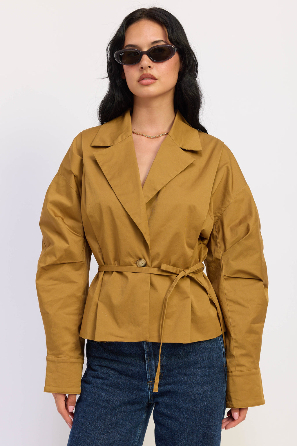 Long Sleeve Waist Tie Canvas Jacket Khaki