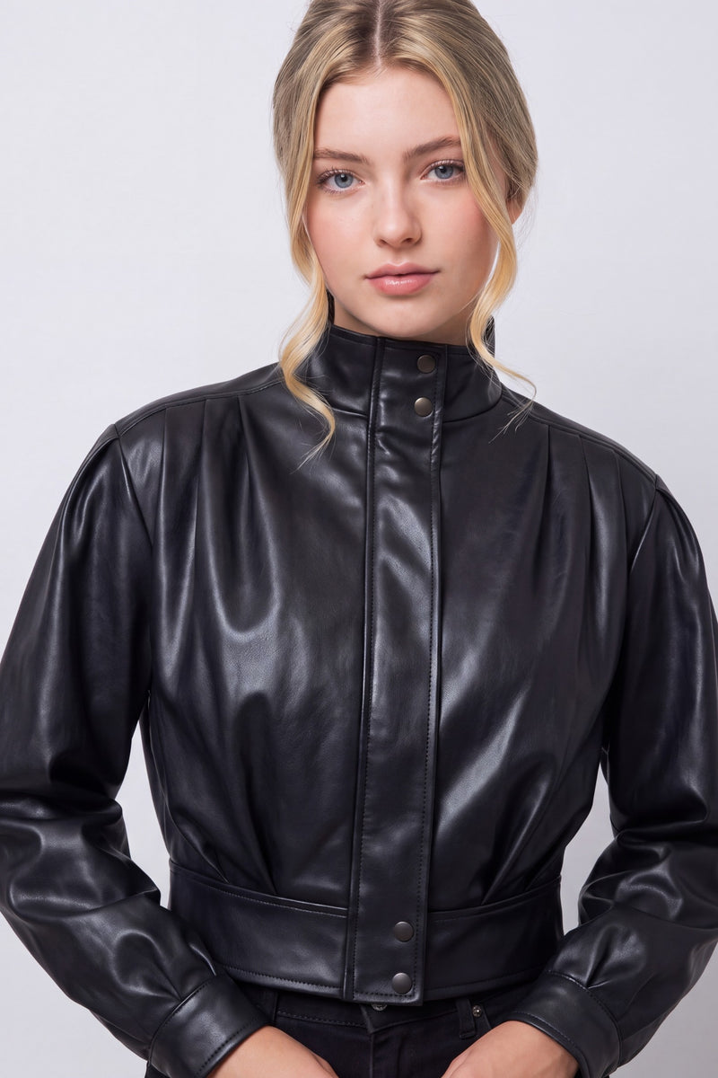 Long Sleeve Zip Up Vegan Faux Leather Crop Bomber Jacket Black
