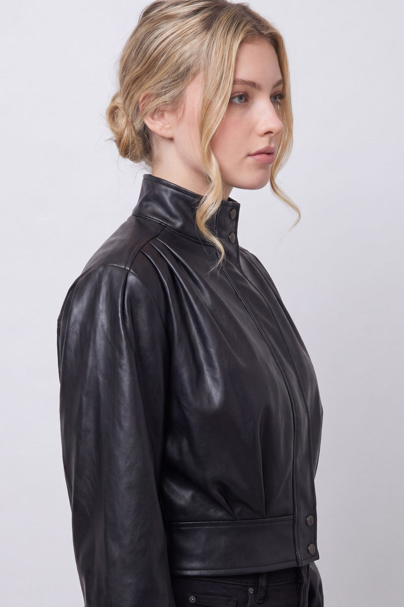 Long Sleeve Zip Up Vegan Faux Leather Crop Bomber Jacket Black