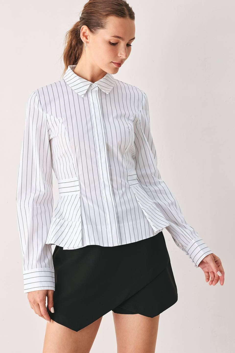 Long Sleeve Button Down Stripe Print Peplum Top White