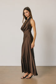 Sleeveless Halter Open Back Satin Maxi Dress Brown
