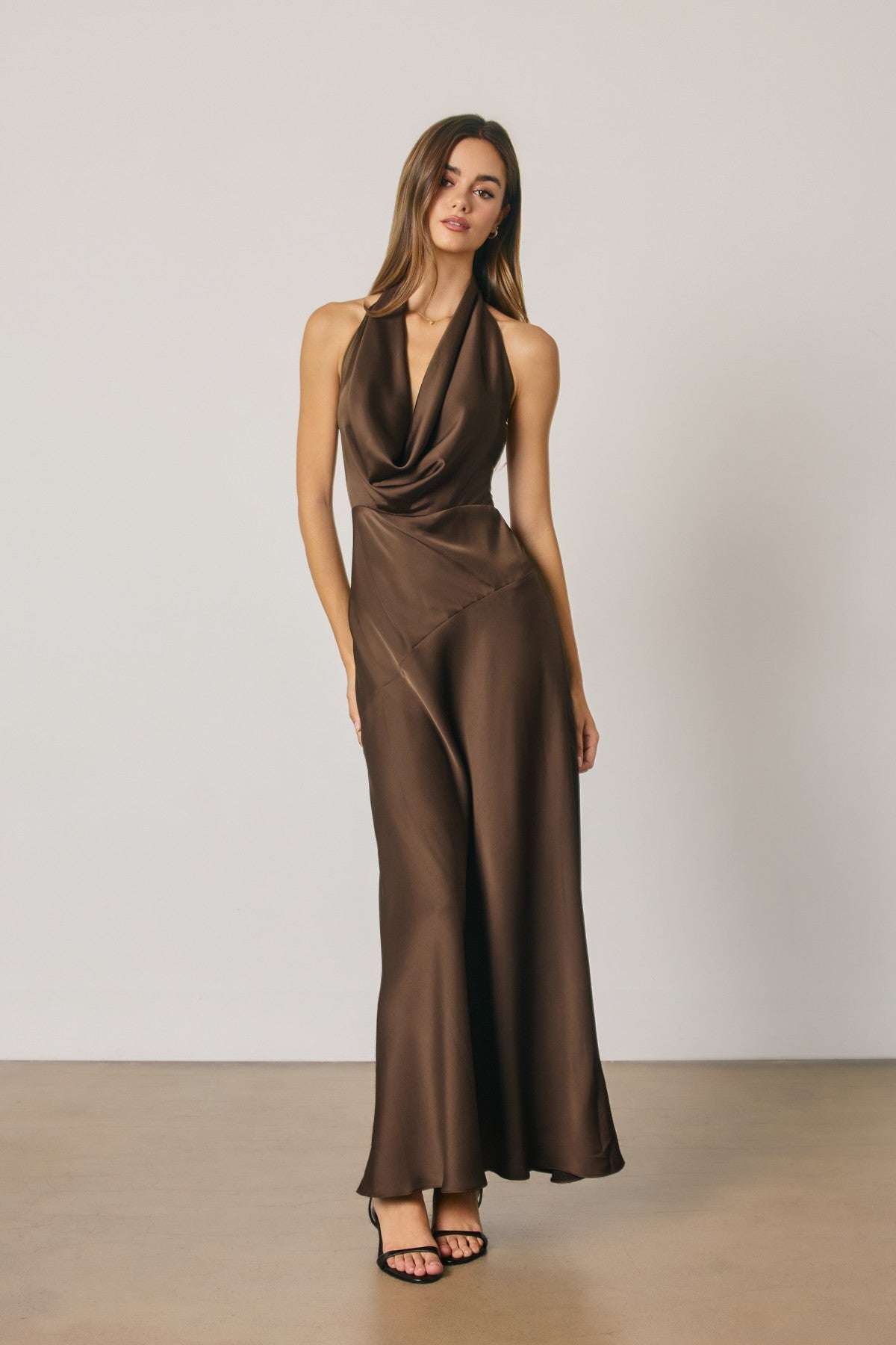 Sleeveless Halter Open Back Satin Maxi Dress Brown