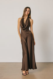 Sleeveless Halter Open Back Satin Maxi Dress Brown