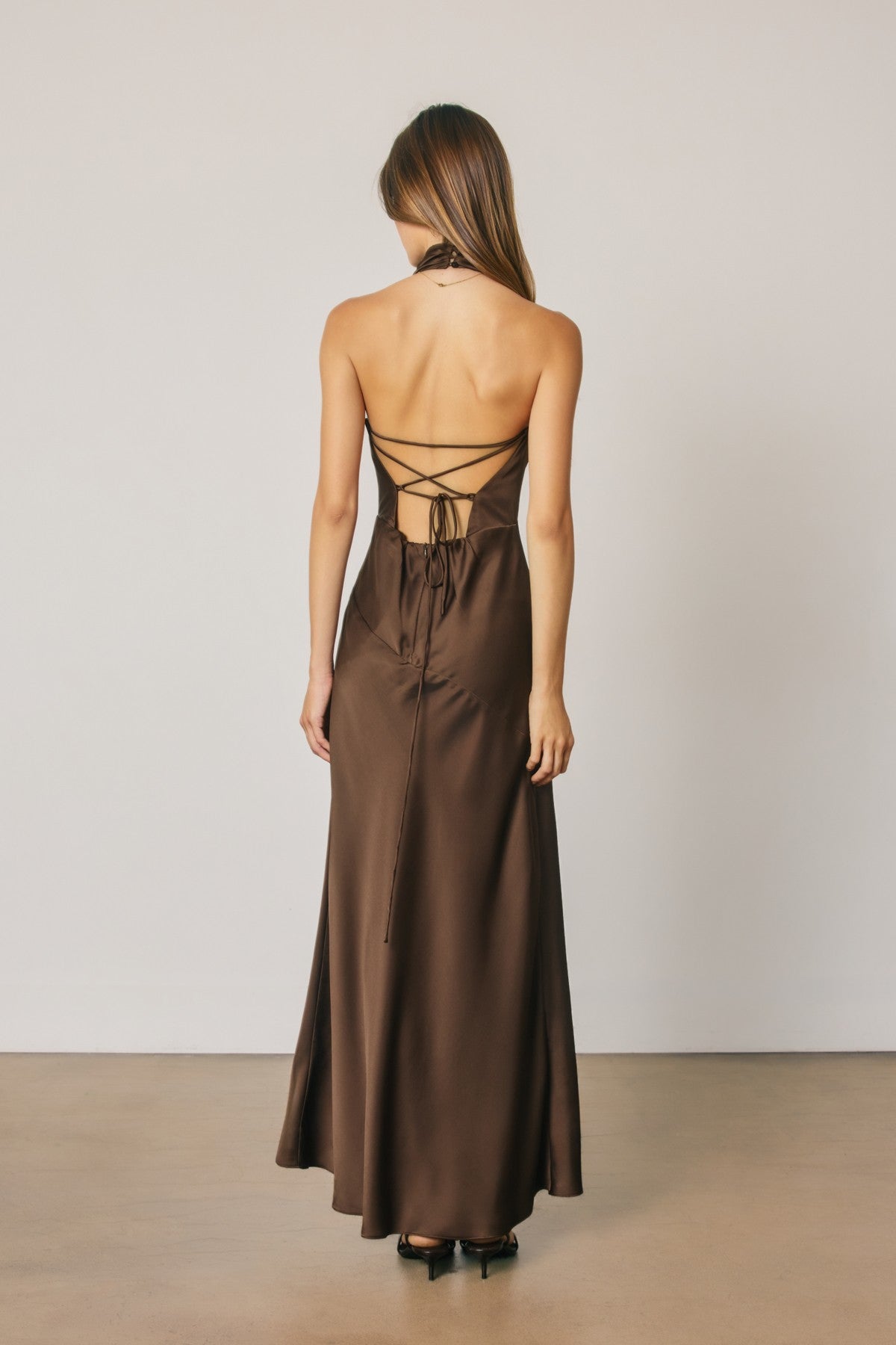 Sleeveless Halter Open Back Satin Maxi Dress Brown