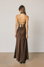Sleeveless Halter Open Back Satin Maxi Dress Brown