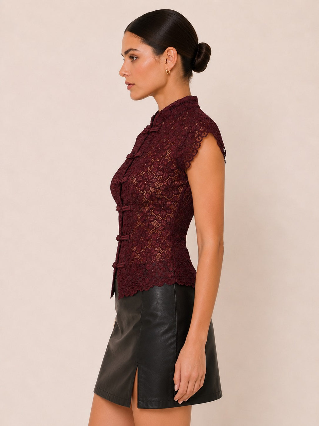 Short Sleeve Button Down Elegant Lace Top Plum
