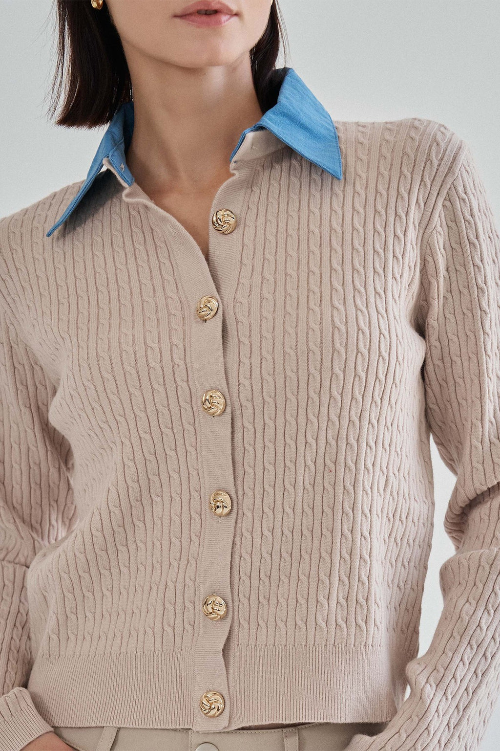 Long Sleeve Button Down Contrast Denim Cable Knit Cardigan Taupe