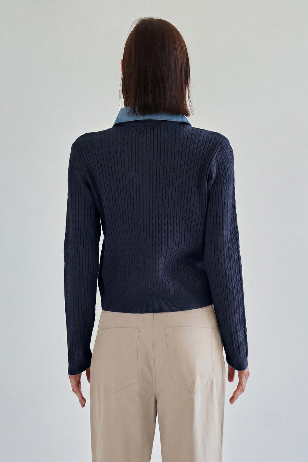 Long Sleeve Button Down Contrast Denim Cable Knit Cardigan Navy